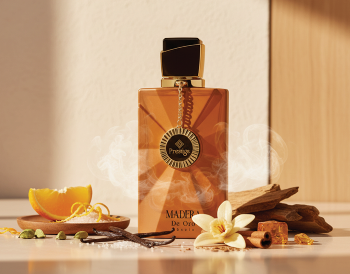A bottle of Maderia Die Oro Eau de Parfum stands on a tabletop with warm sunlight and shadows. The bottle is amber-brown glass with a black cap and gold details, including a circular medallion pendant.