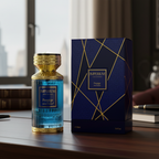 Imperium Prestige perfume bottle and packaging on a table with a blurred background