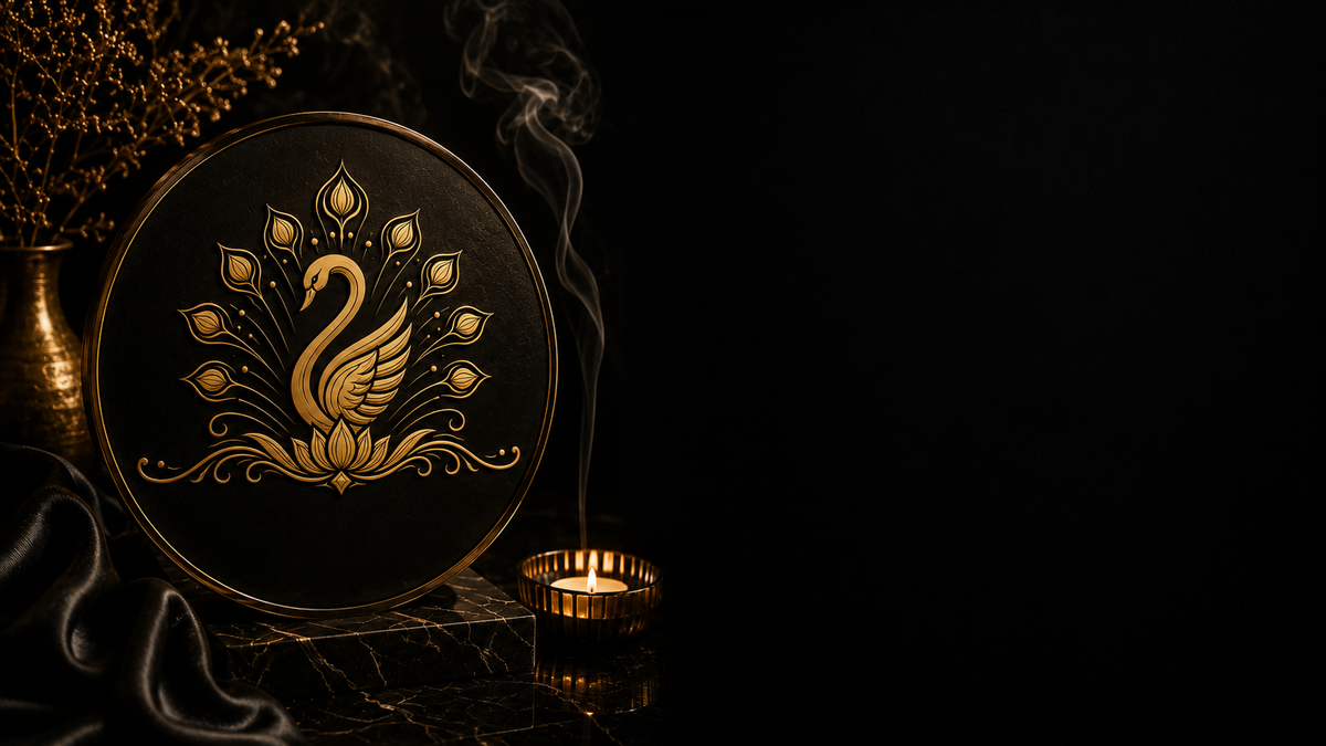 A round black decorative plate with an ornate gold peacock design, styled on a dark reflective surface next to a small lit candle and incense holder with rising smoke.