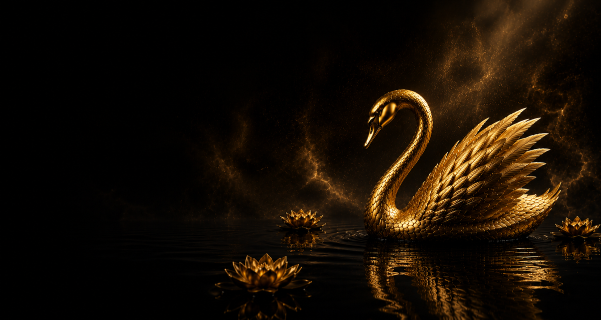 A golden swan sculpture or decorative figure with spread wings, set in dark water with glowing gold lotus flowers and dramatic golden light against a black background.